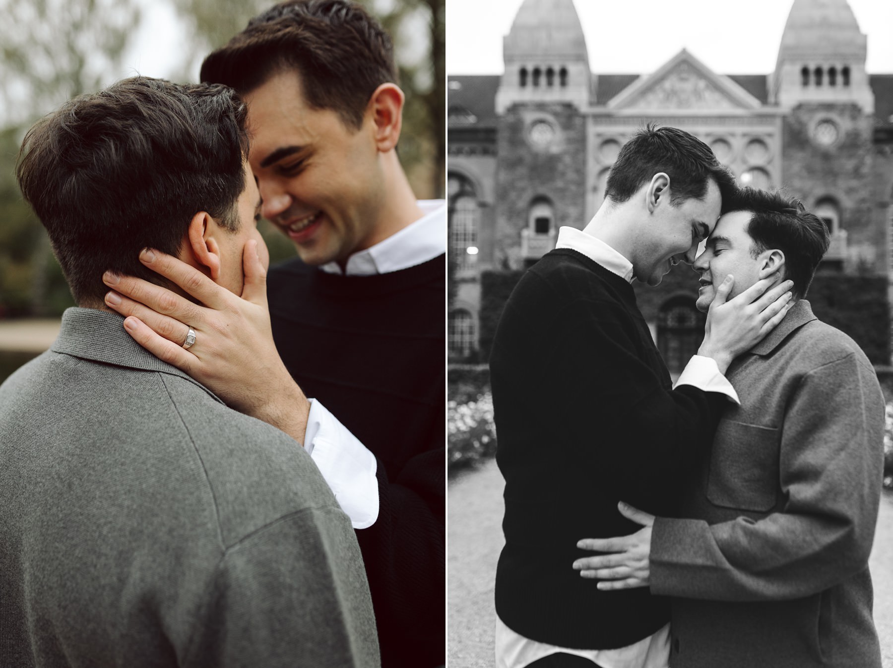 Couple kissing at the Royal library garden in Copenhagen after their proposal