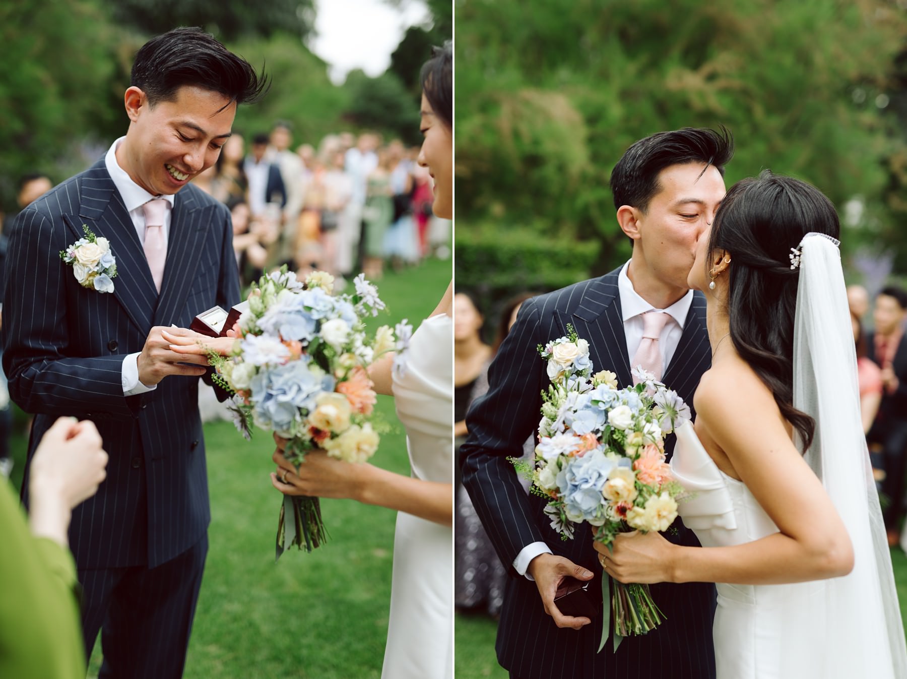 Couple kissing at a wedding ceremony at Det Kongelige Haveselskab in Copenhagen