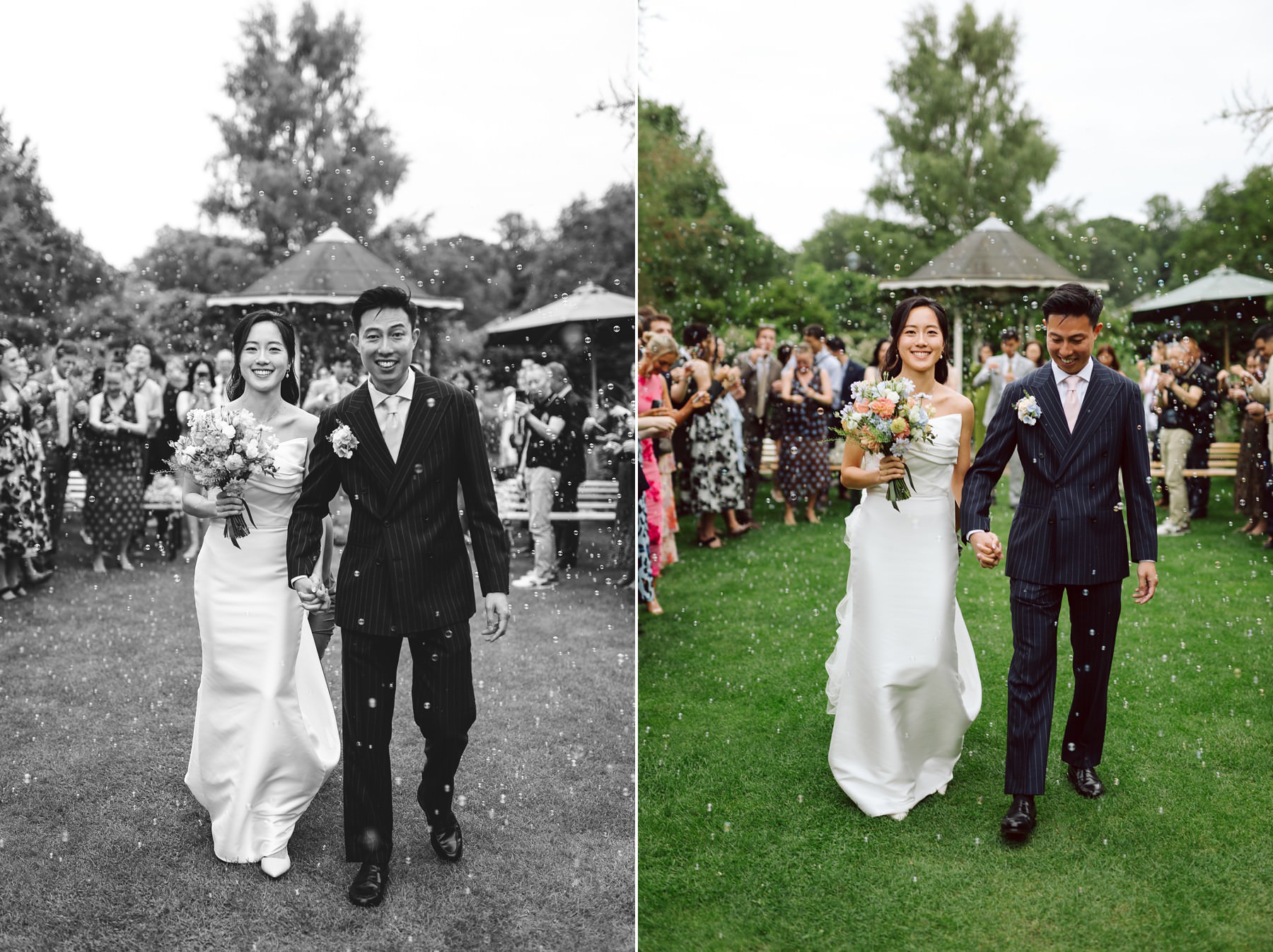 bride and groom walking down the aisle at an open-air ceremony 