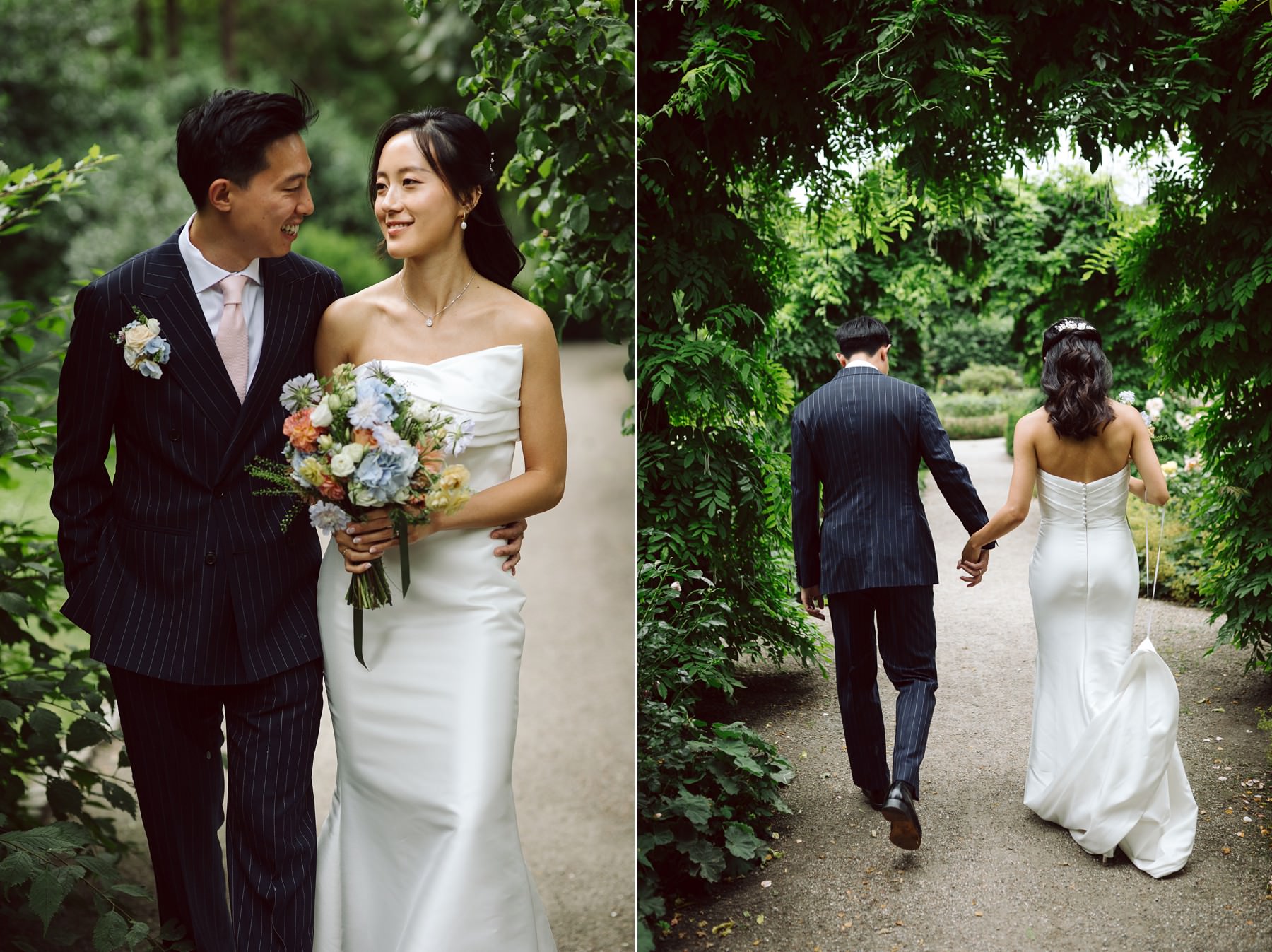 Bride and groom laughing during outdoor wedding portraits at Paradehuset, Det Kongelige Haveselskab in Copenhagen