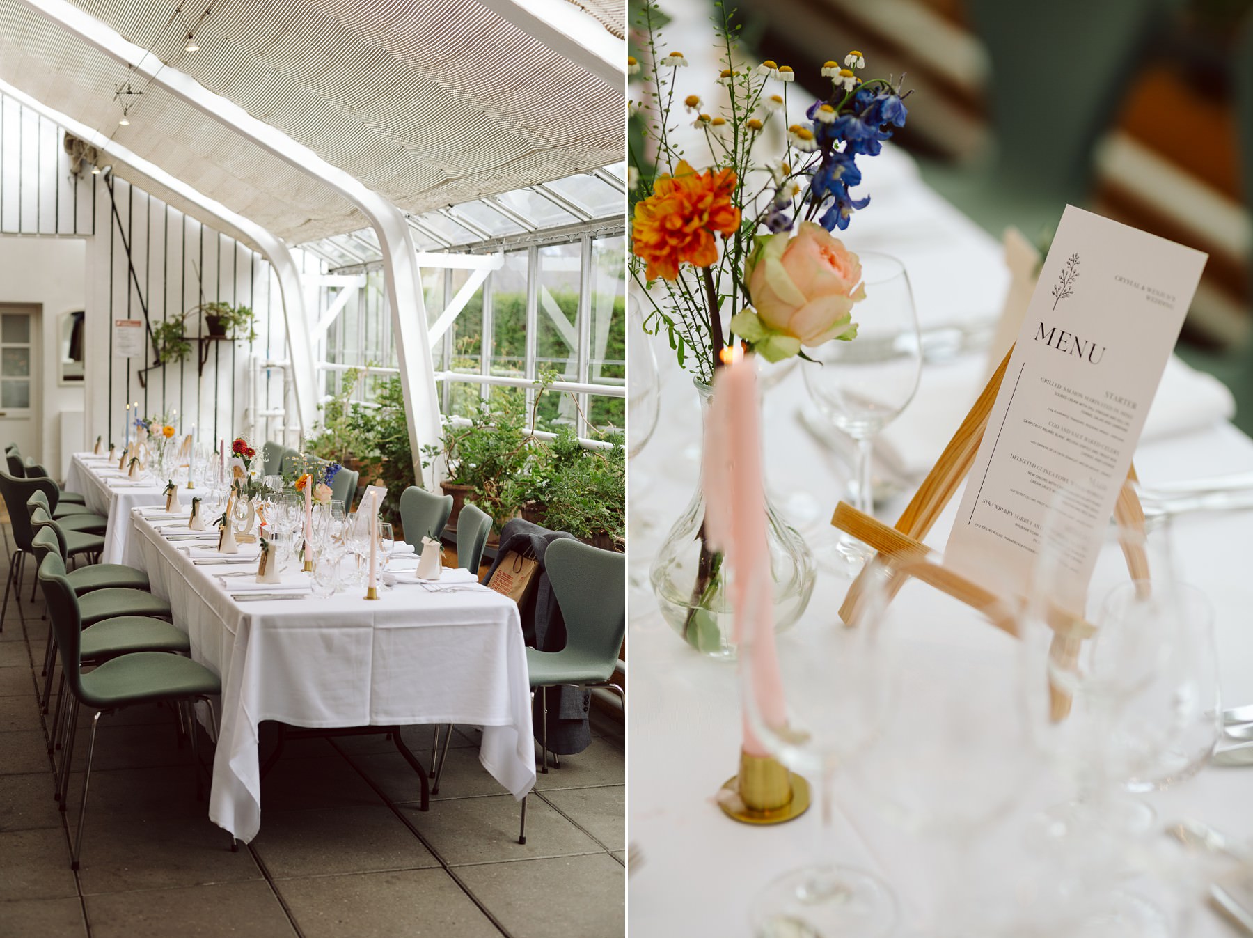 Elegant wedding table setup at Paradehuset with floral centerpieces, candles, and fine tableware.