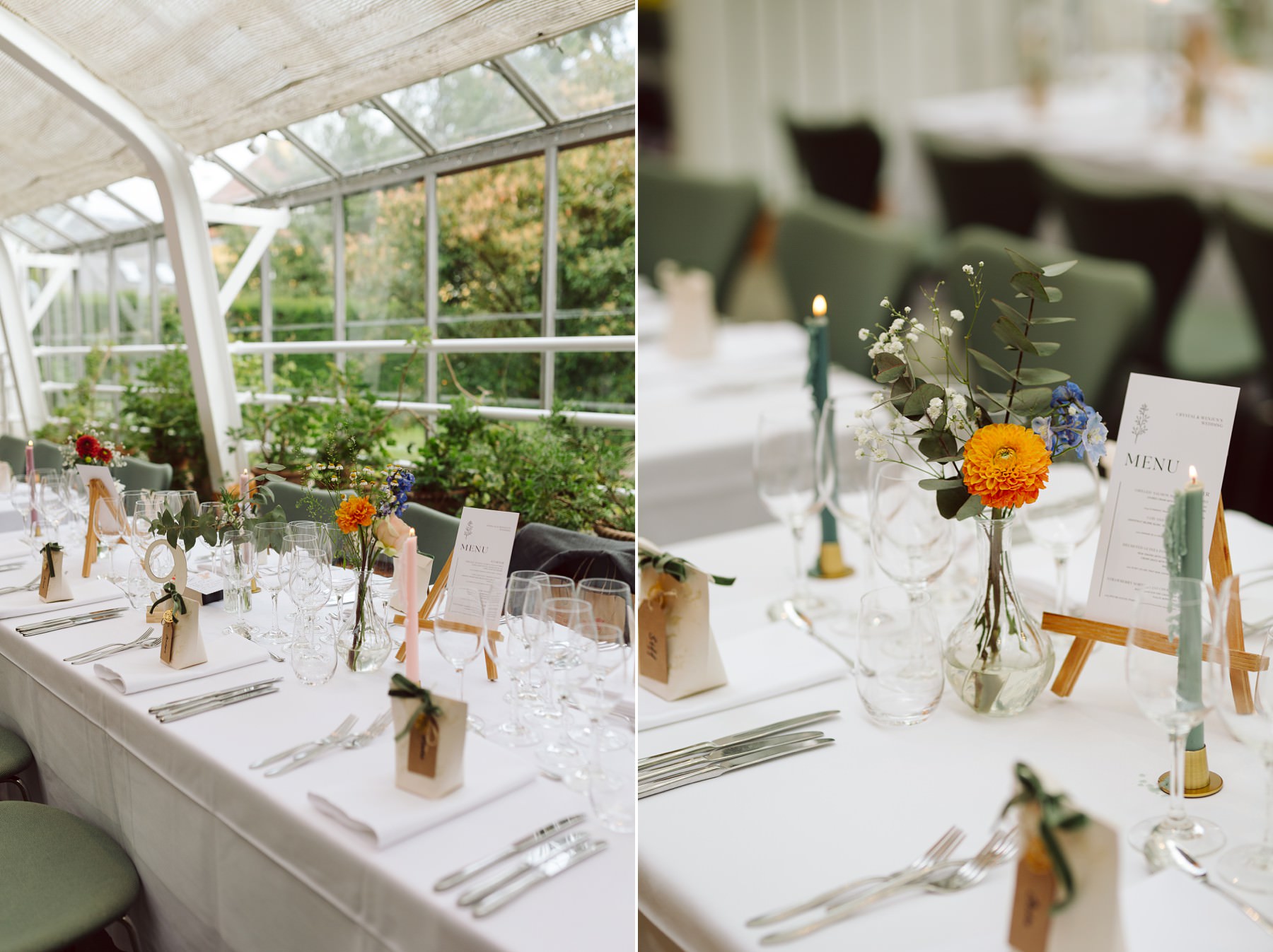 Decorative details at the wedding reception at Paradehuset, showing flowers, candles, and carefully styled table settings