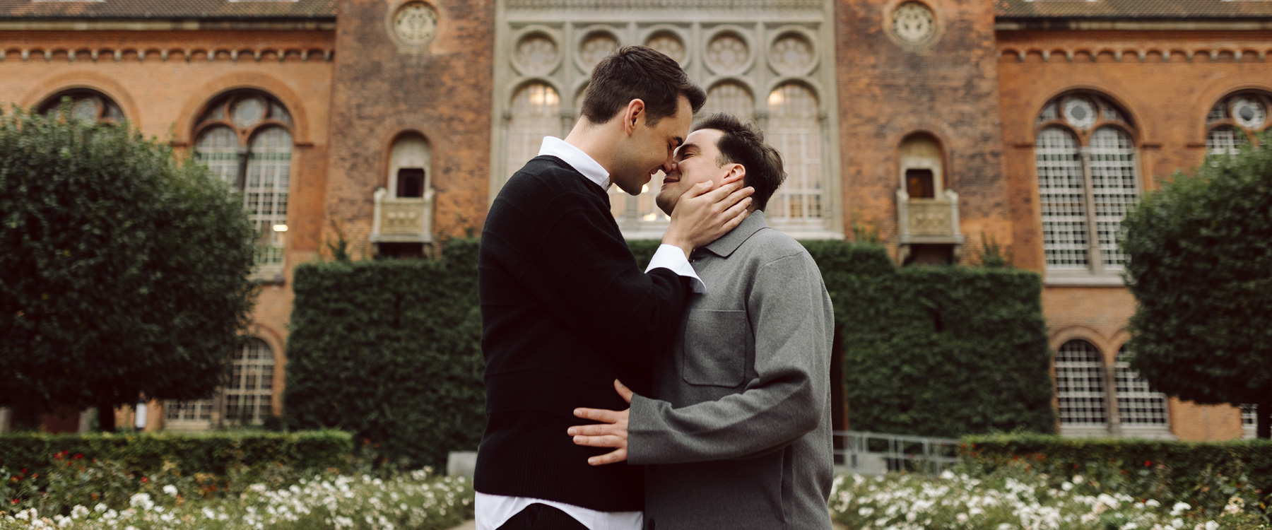 Newly engaged couple at the Royal Library Garden during their Copenhagen photoshoot.