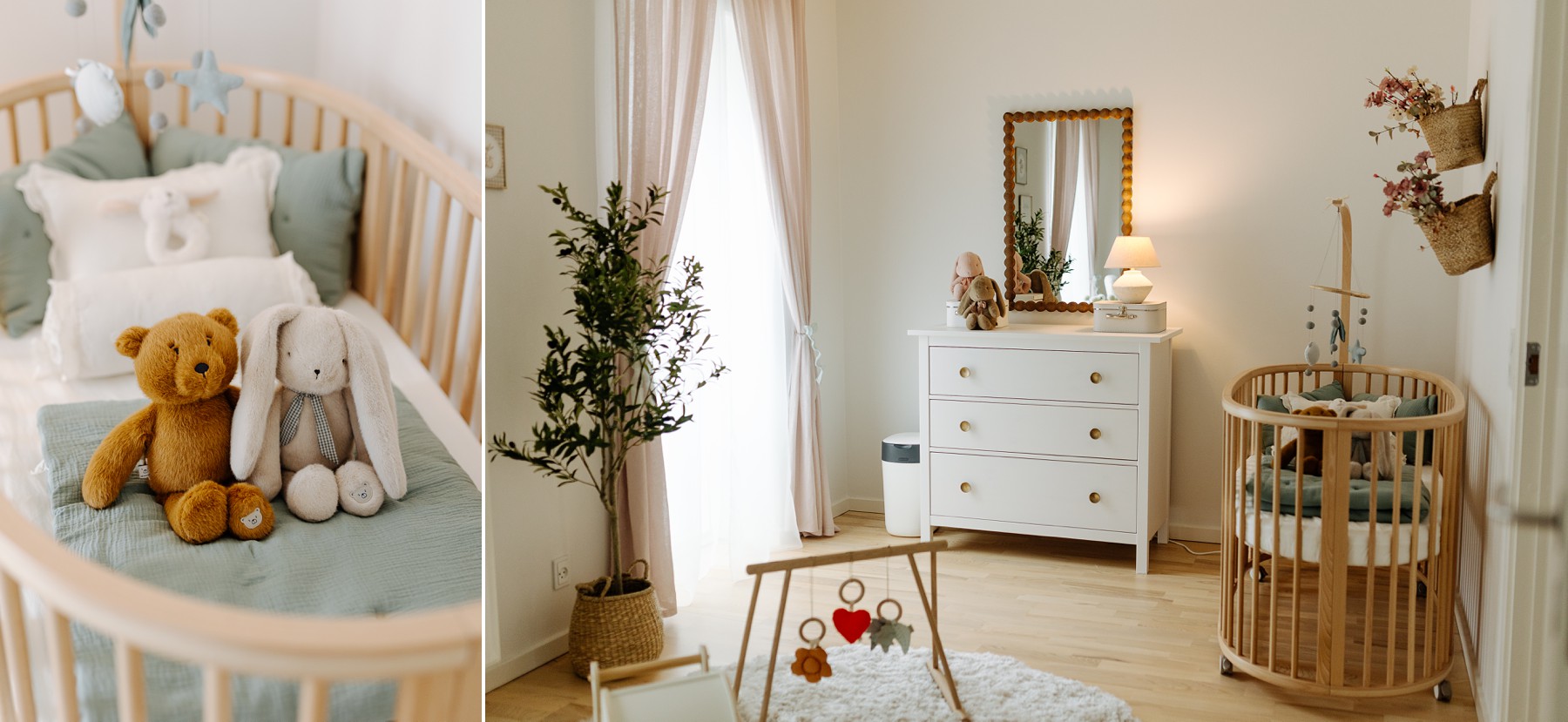 Bright Scandinavian-style baby nursery filled with natural light, wooden crib, and soft neutral decor