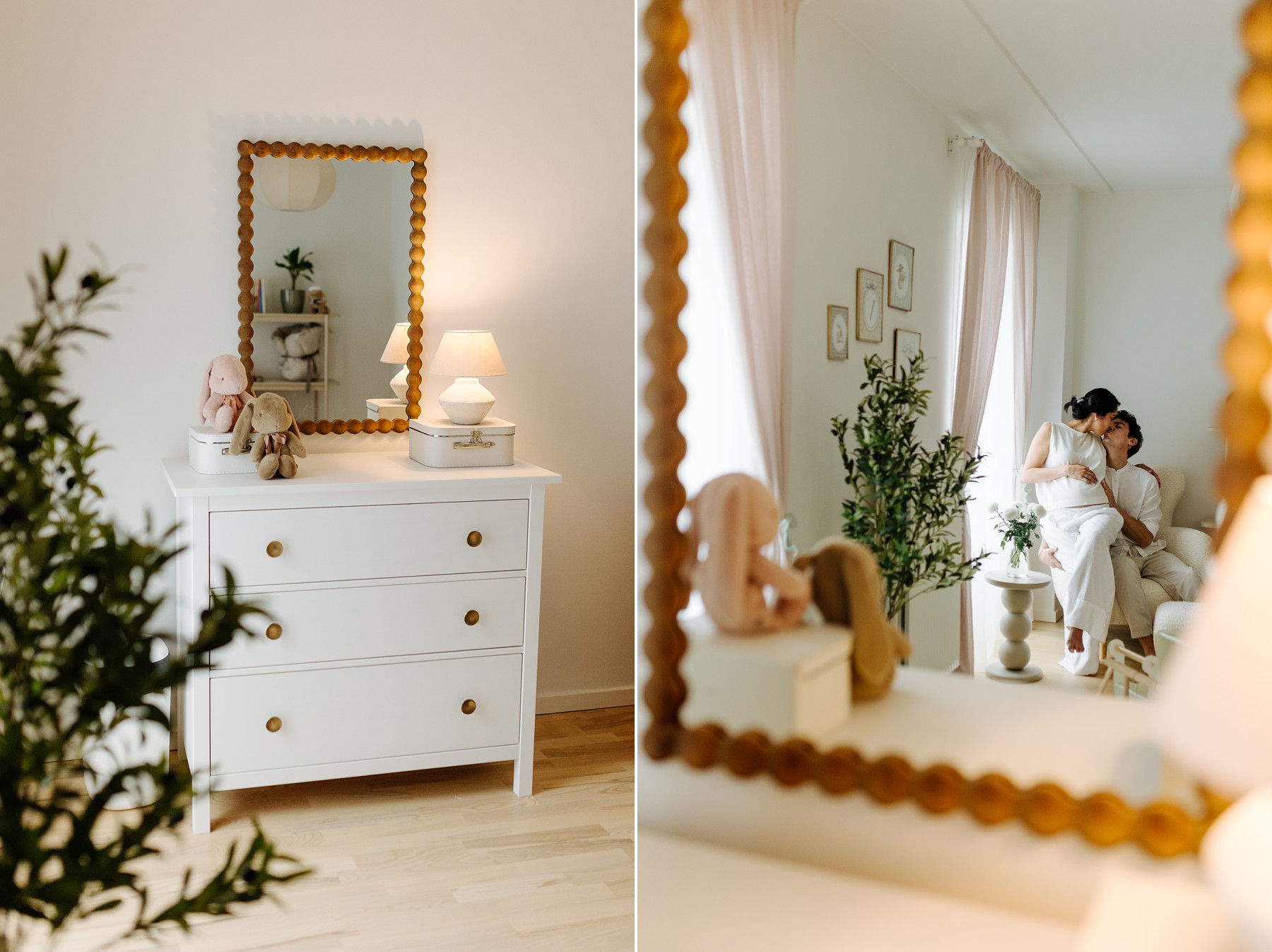 Cozy baby room with white walls, sunlight streaming through the window, and minimal Nordic design