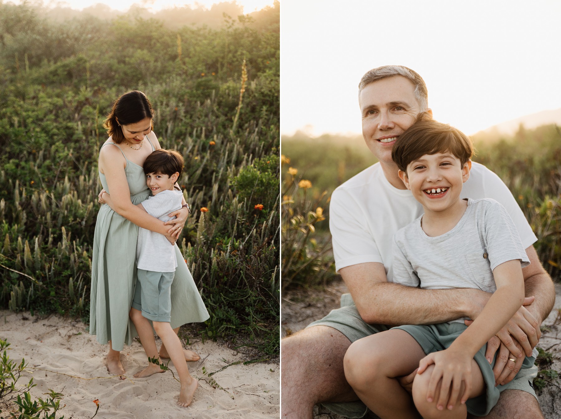 Family laughing together with ocean breeze during relaxed beach photo session in Florianópolis