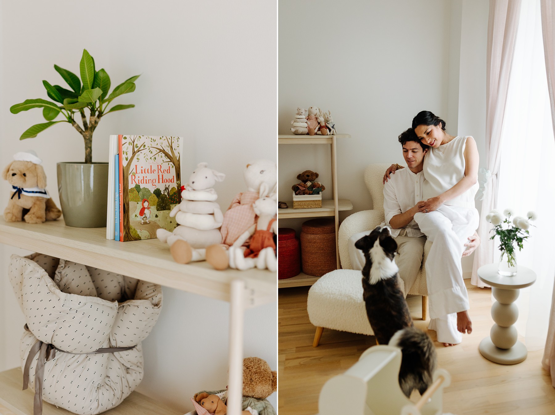 Shelf with children’s books and small decorative keepsakes photographed by a Copenhagen lifestyle maternity photographer