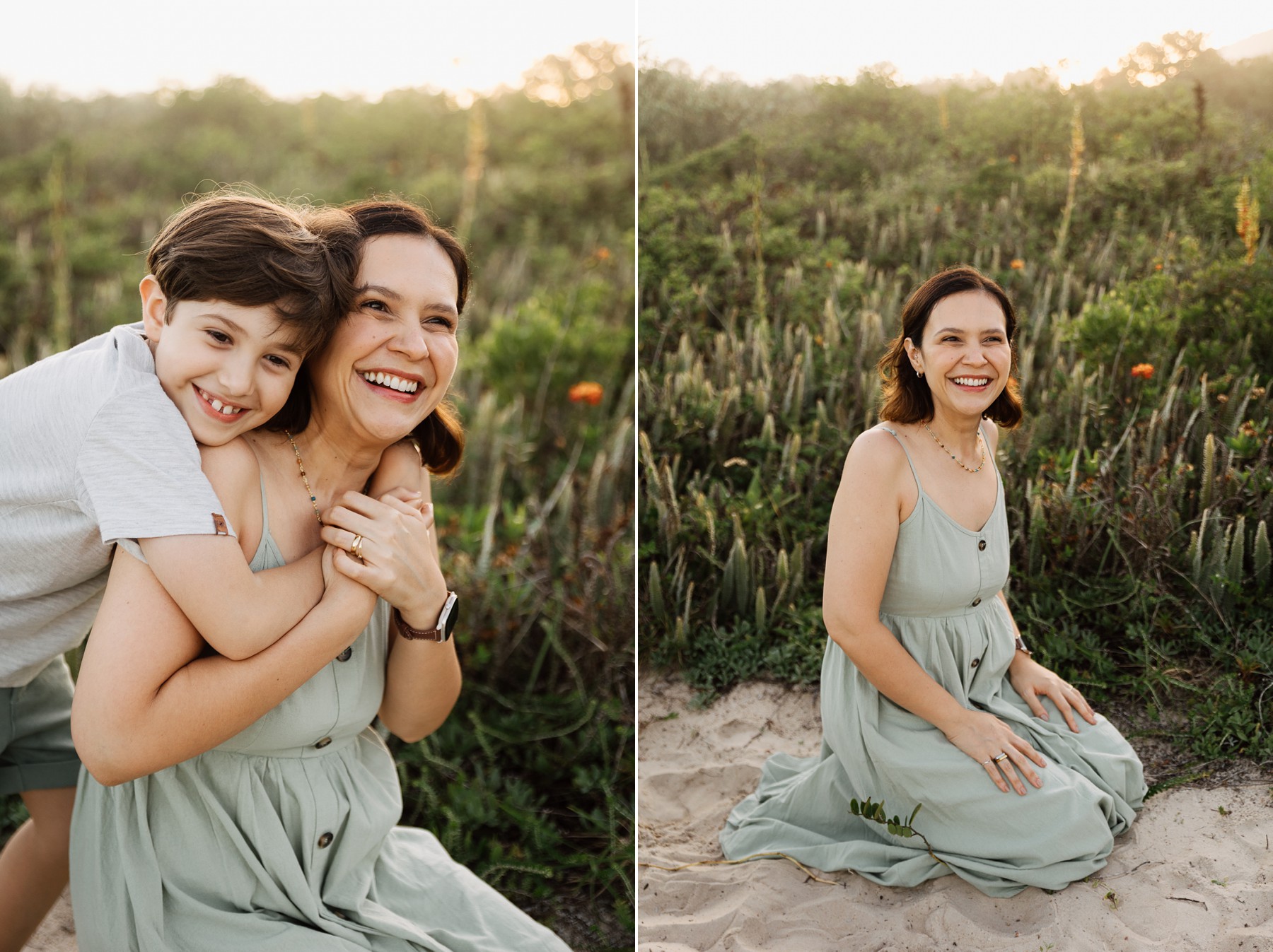 Mother and child sharing a quiet moment during beach family photo session in Brazil