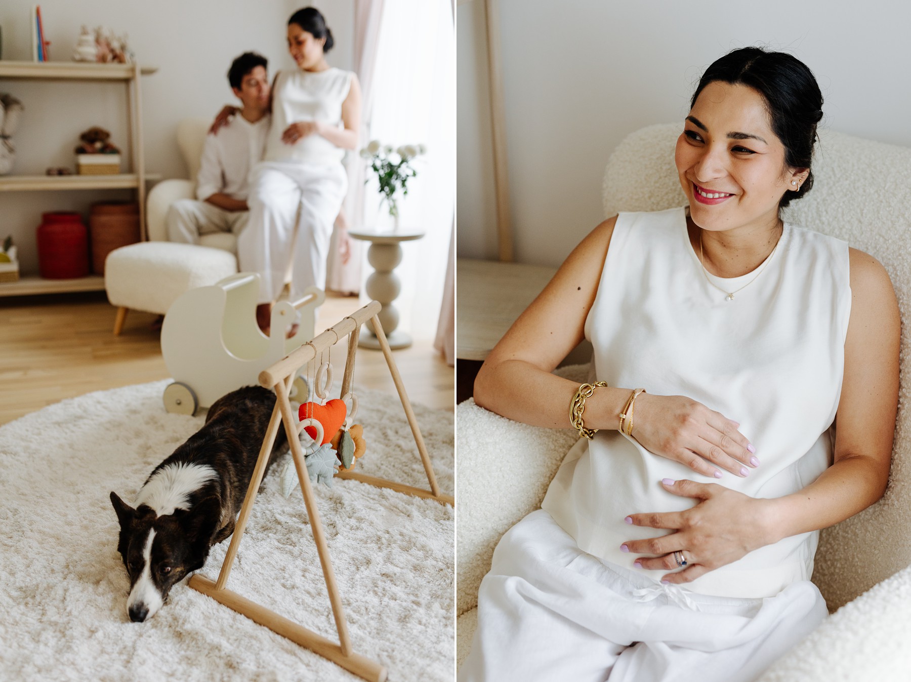 Couple embracing in their baby’s room during an intimate lifestyle maternity photoshoot in Copenhagen