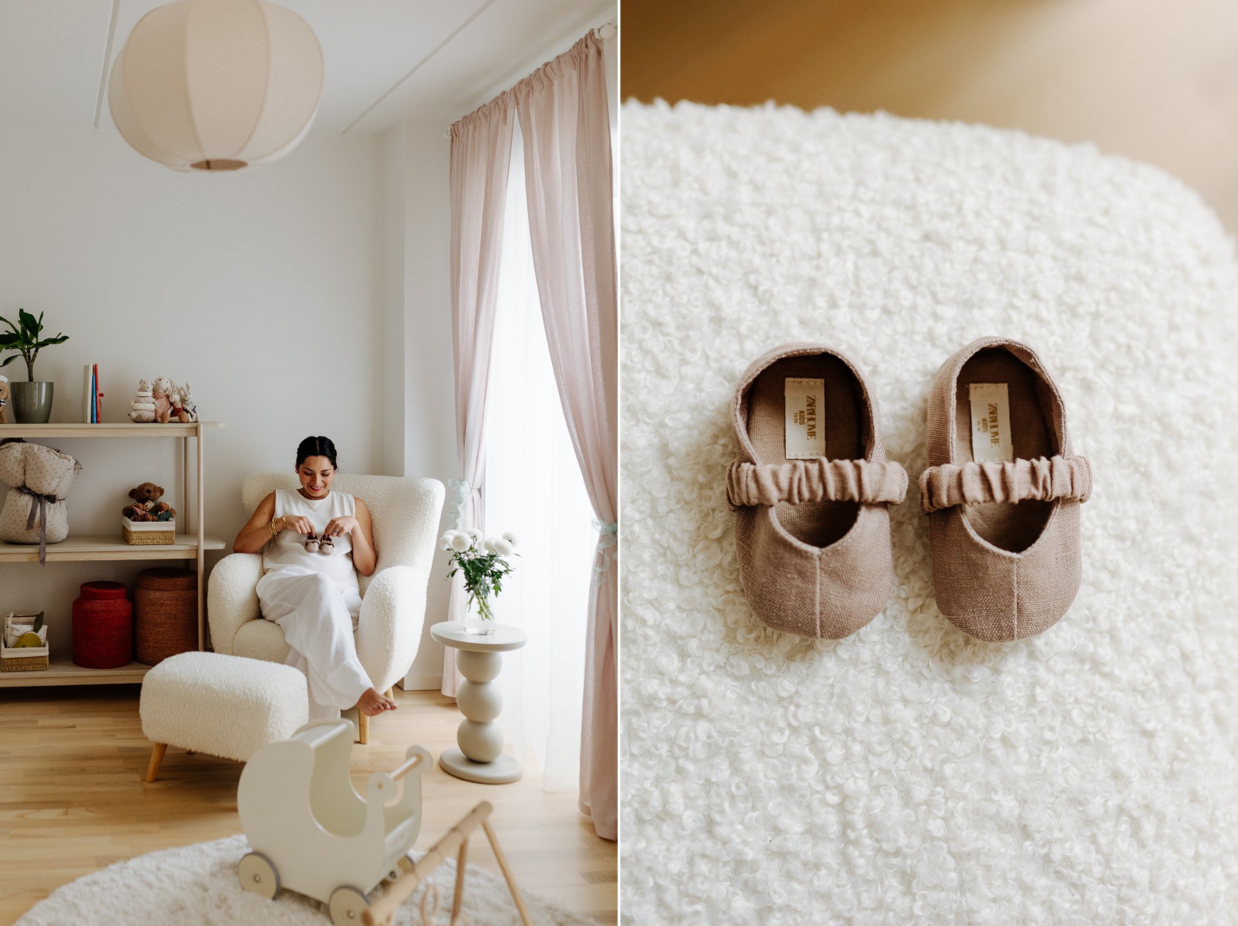 Lifestyle maternity photoshoot at home in Copenhagen featuring a bright and cozy baby nursery