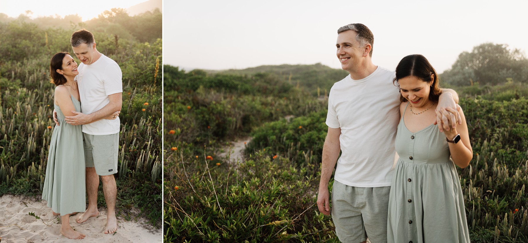 parents walking barefoot and hugging during summer photo session at Campeche Beach in Florianópolis, Brazil