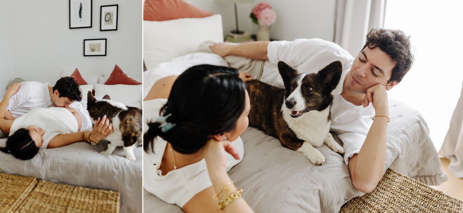 Natural light maternity session featuring parents-to-be relaxing with their dog at home in Copenhagen