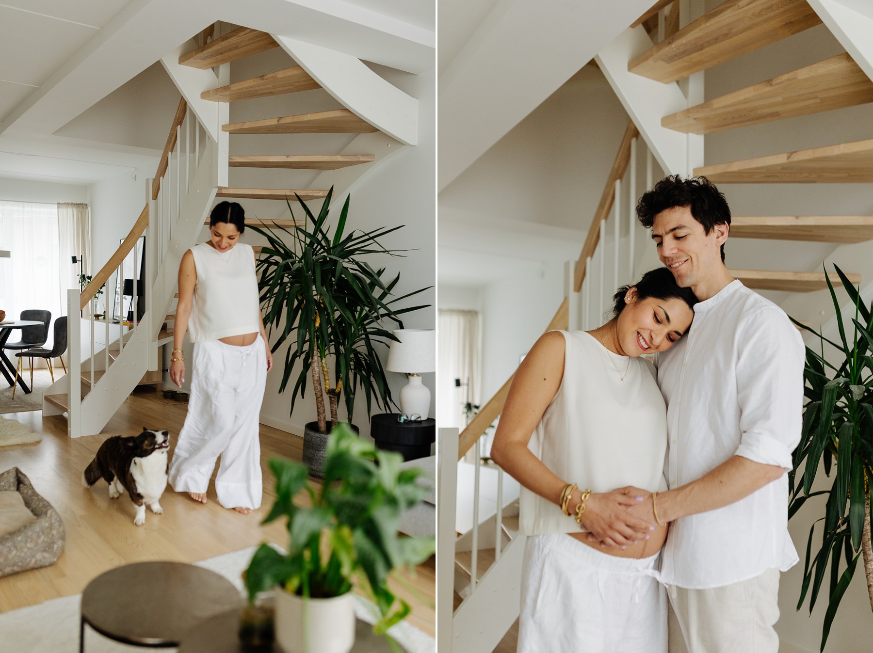 Bright Scandinavian living room filled with natural light during an in-home maternity photoshoot in Copenhagen