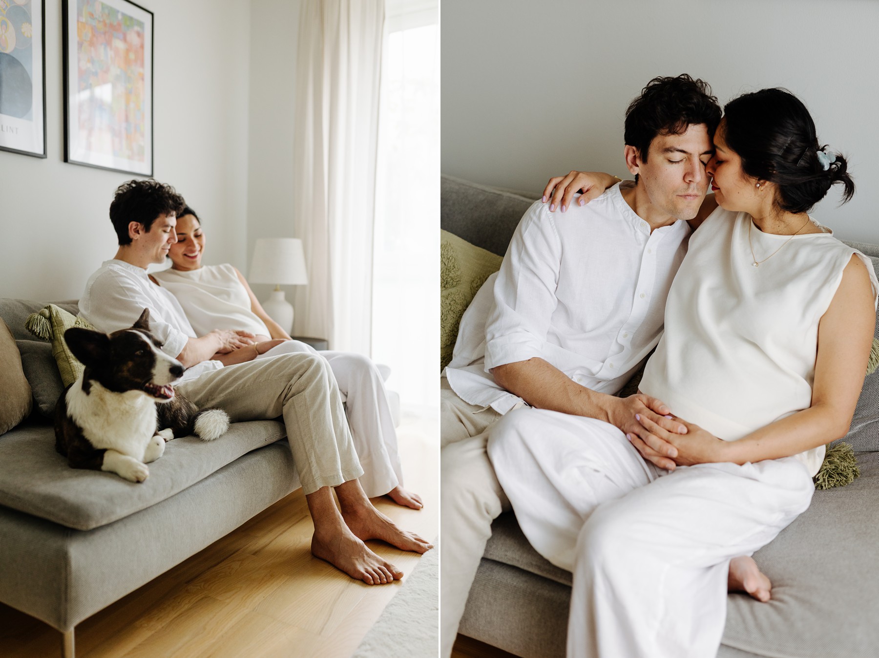 Pregnant woman and her partner sitting close on the couch in soft window light