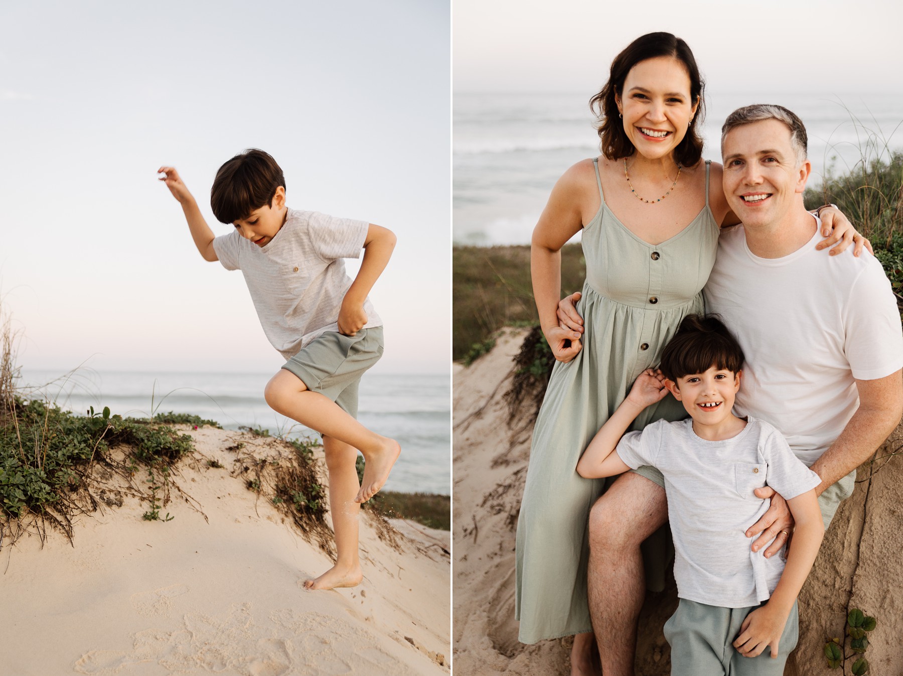 Parents and child playing by the sea during sunset family photo session at Campeche Beach, Florianópolis