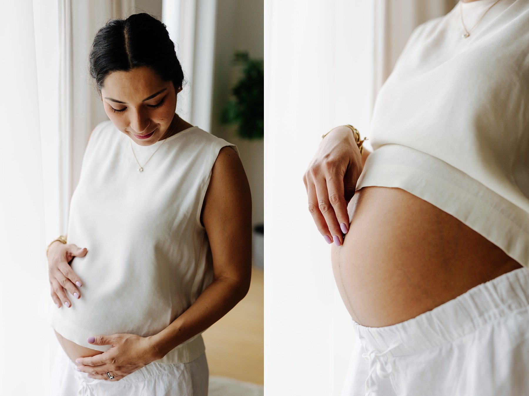 Lifestyle maternity photography capturing mom-to-be in her modern Copenhagen living room
