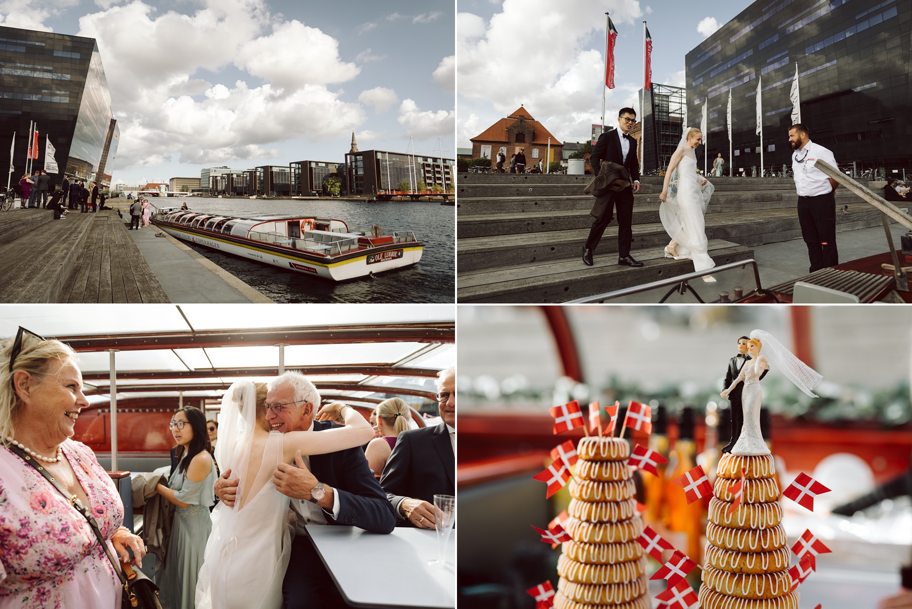 Couple and guests cruising the canals near The Black Diamond during their Copenhagen wedding