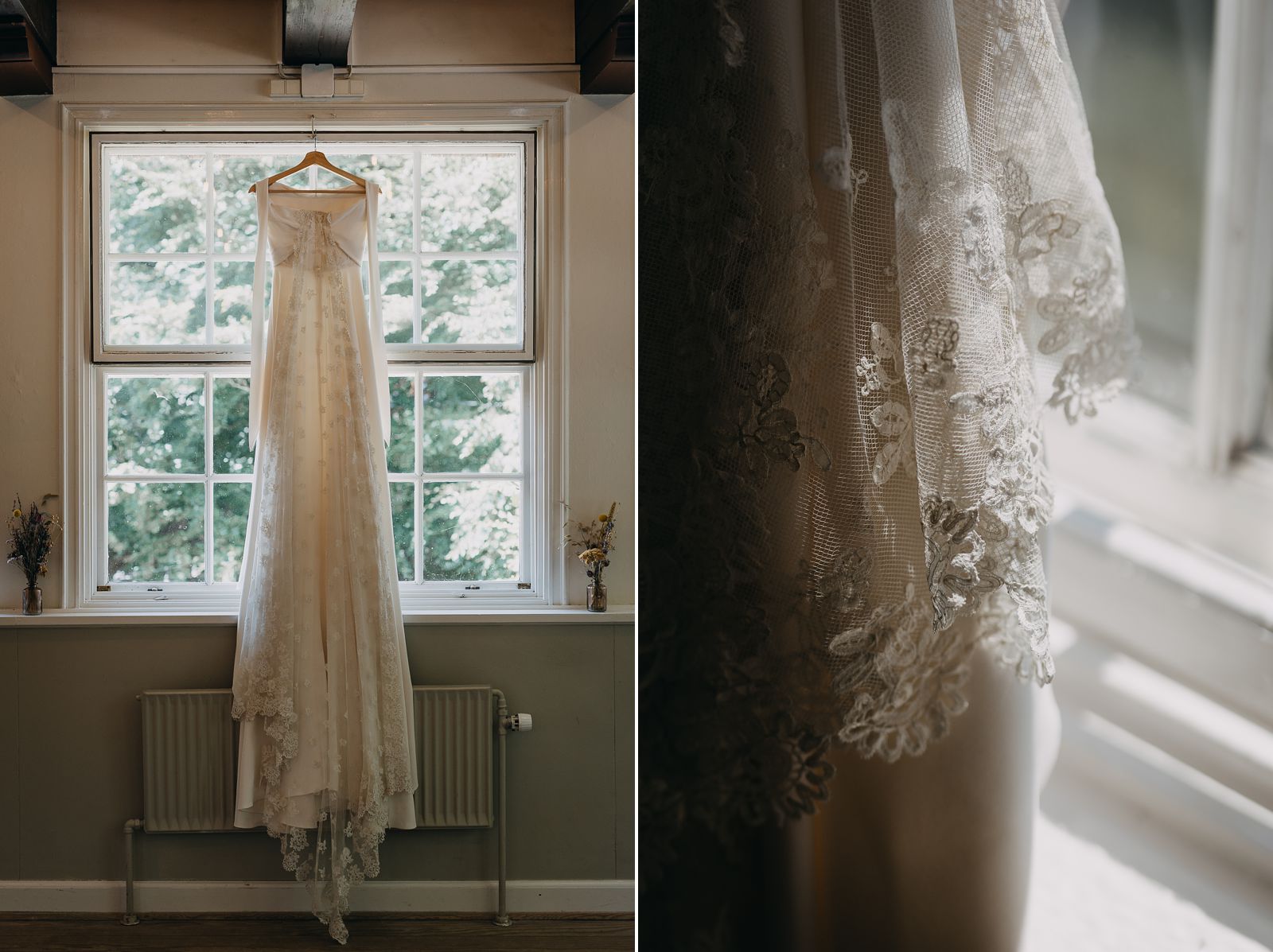 wedding dress hanging on a window 