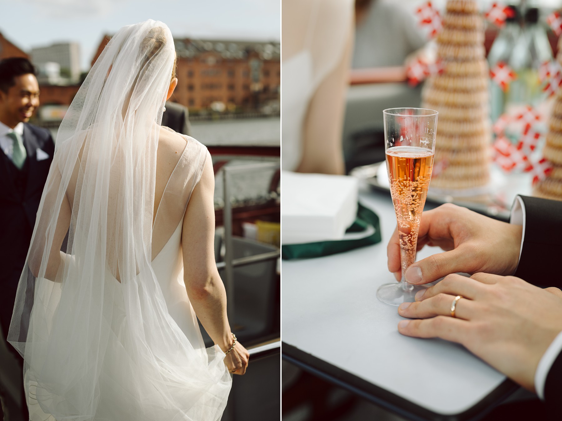 Copenhagen wedding canal boat tour with guests having drinks