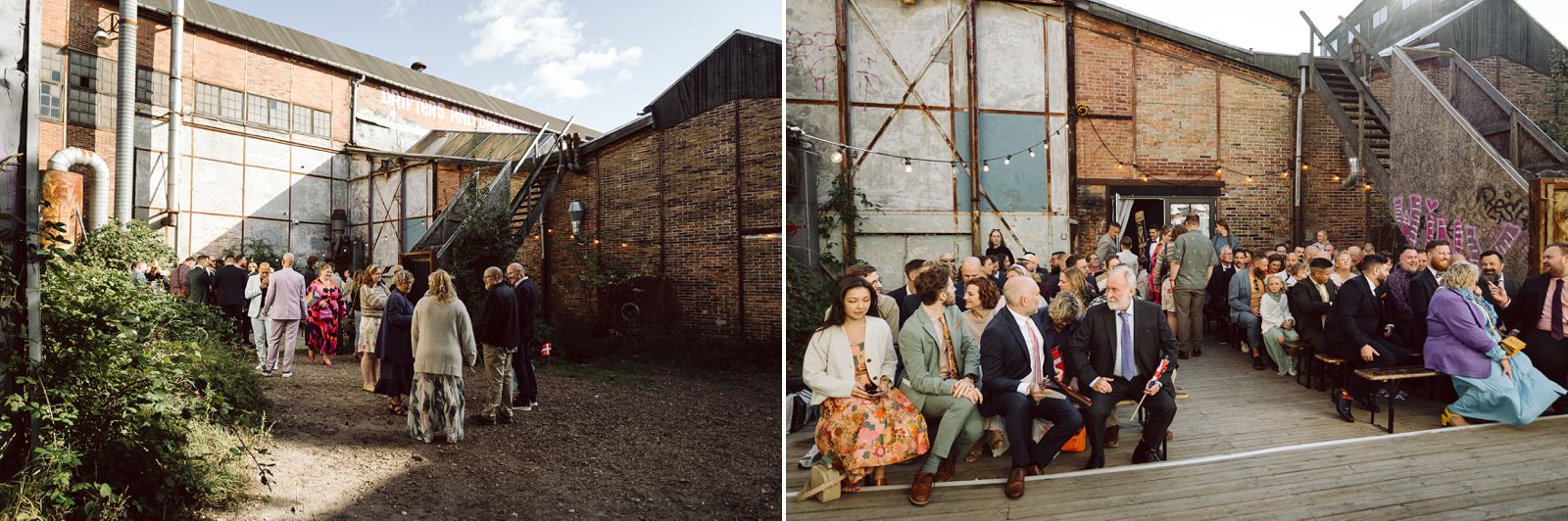 Outdoor civil wedding ceremony at AFKROG Reffen in Copenhagen with guests gathered for a summer celebration.