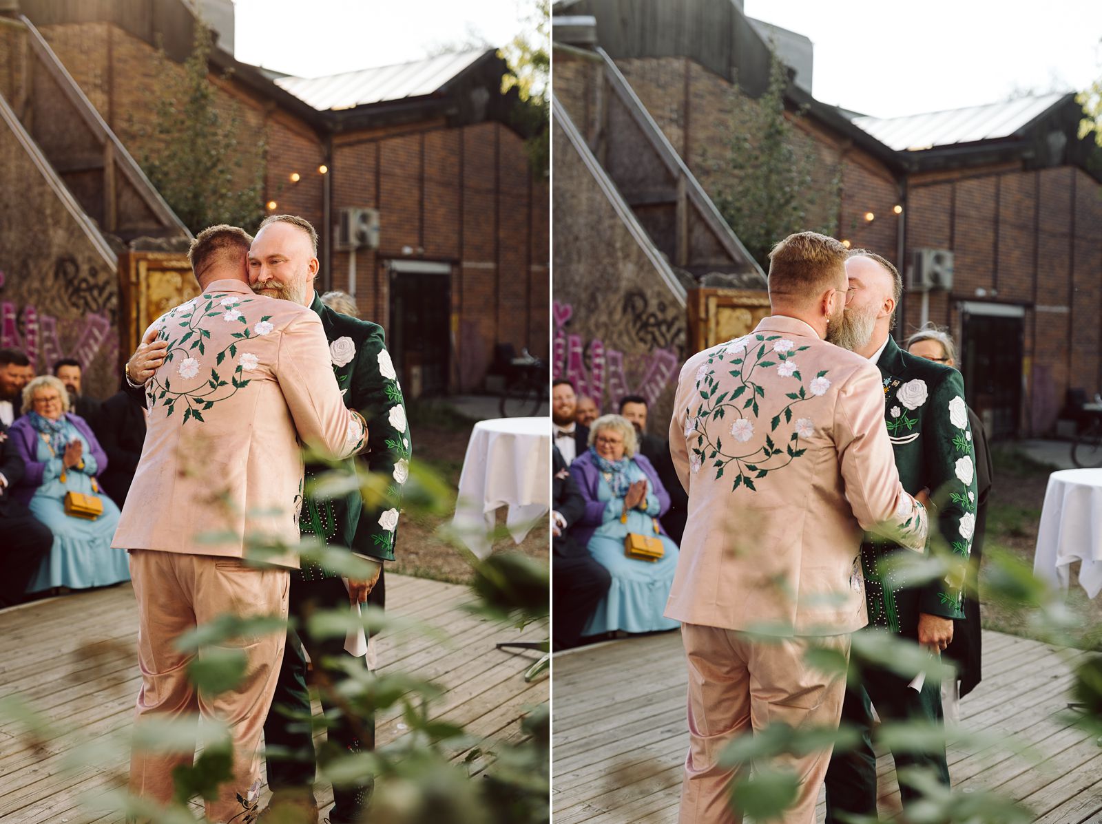 Same-sex couple getting married during a relaxed summer ceremony at AFKROG Reffen