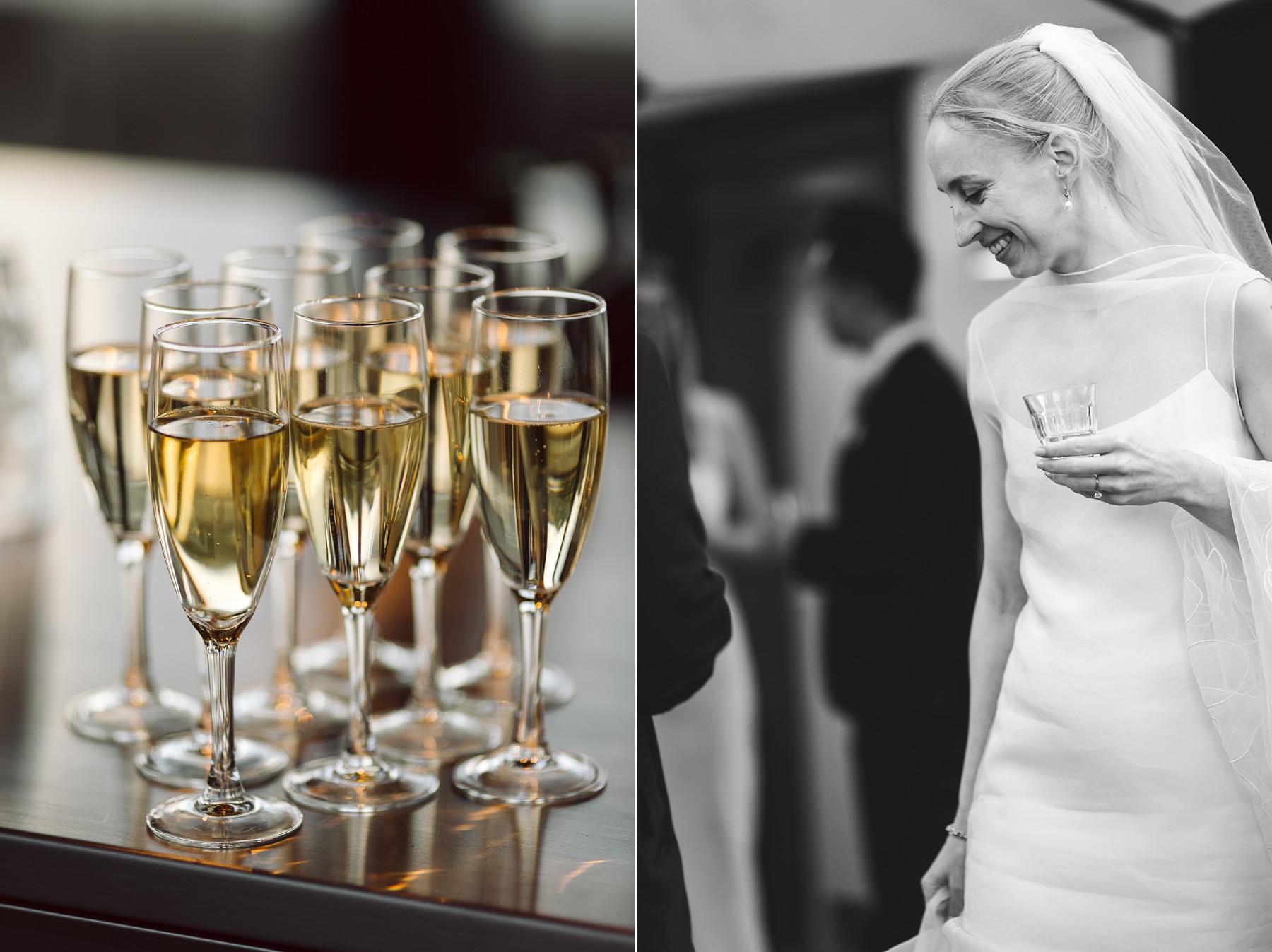Bride mingling and enjoying drinks at a wedding reception at Mogens Dahl Concert Hall