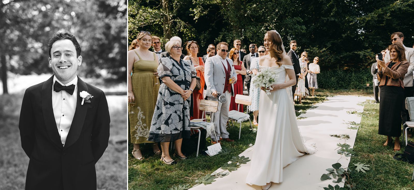Bride walking down the aisle during a forest wedding in Denmark