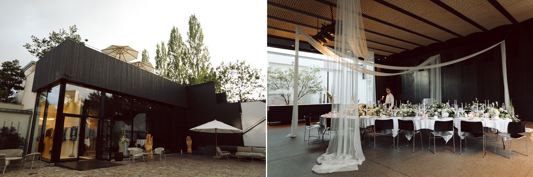 View of Mogens Dahl Koncertsal set up for a wedding reception