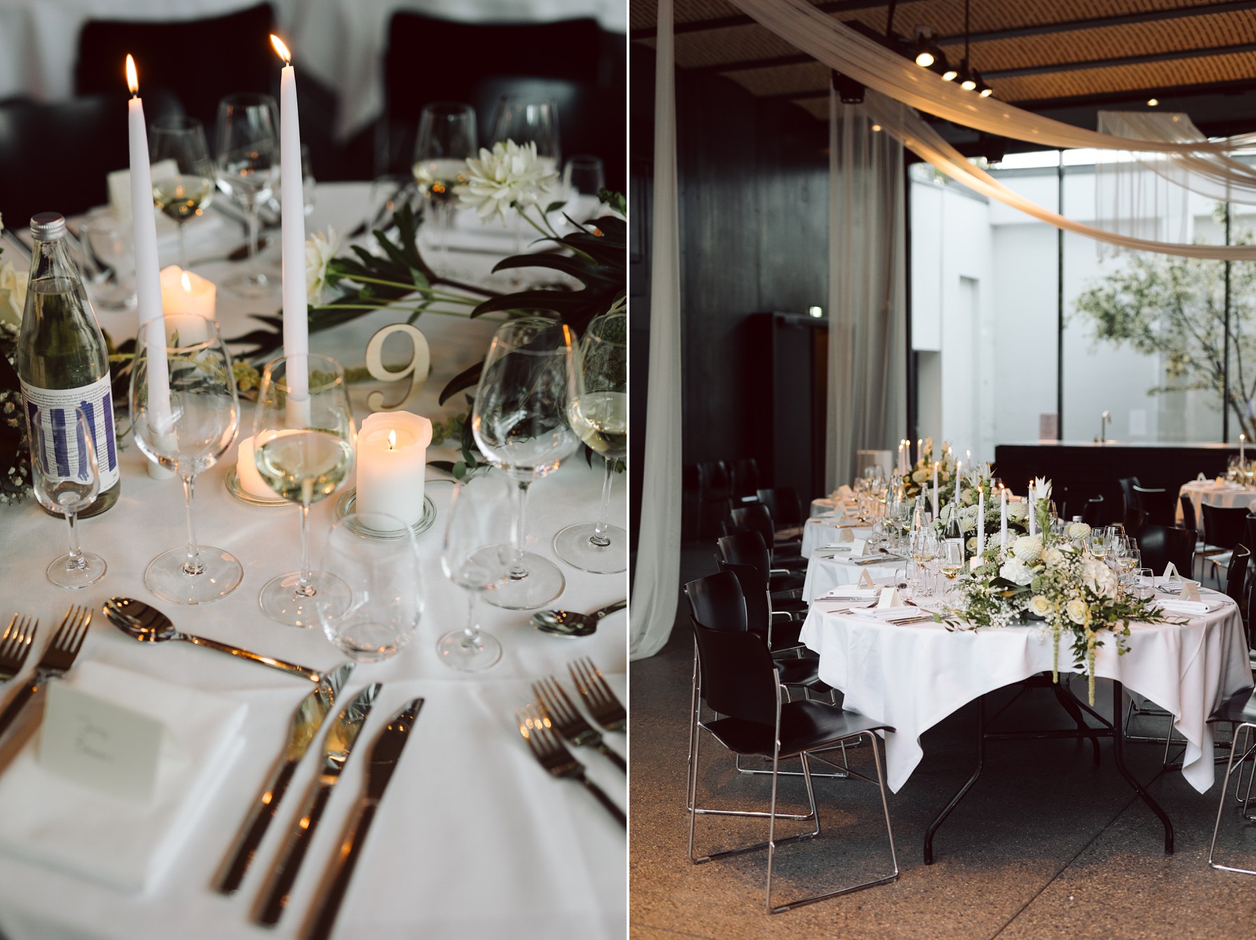 Decorated wedding tables prepared for dinner at Mogens Dahl Koncertsal in Copenhagen