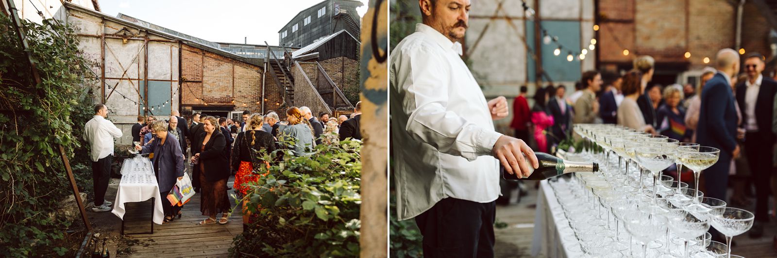 Guests enjoying finger food and drinks at a relaxed wedding reception at AFKROG Reffen