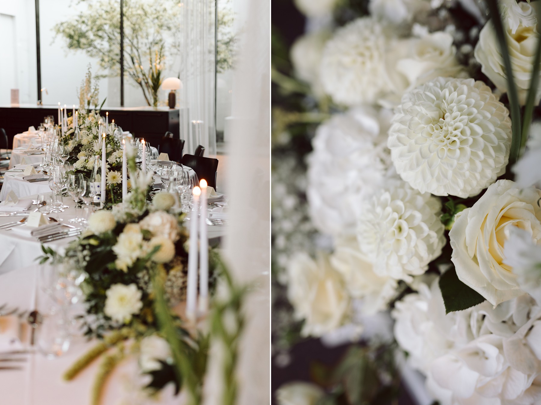 Elegant wedding dinner setup at Mogens Dahl Koncertsal for an intimate Copenhagen wedding reception