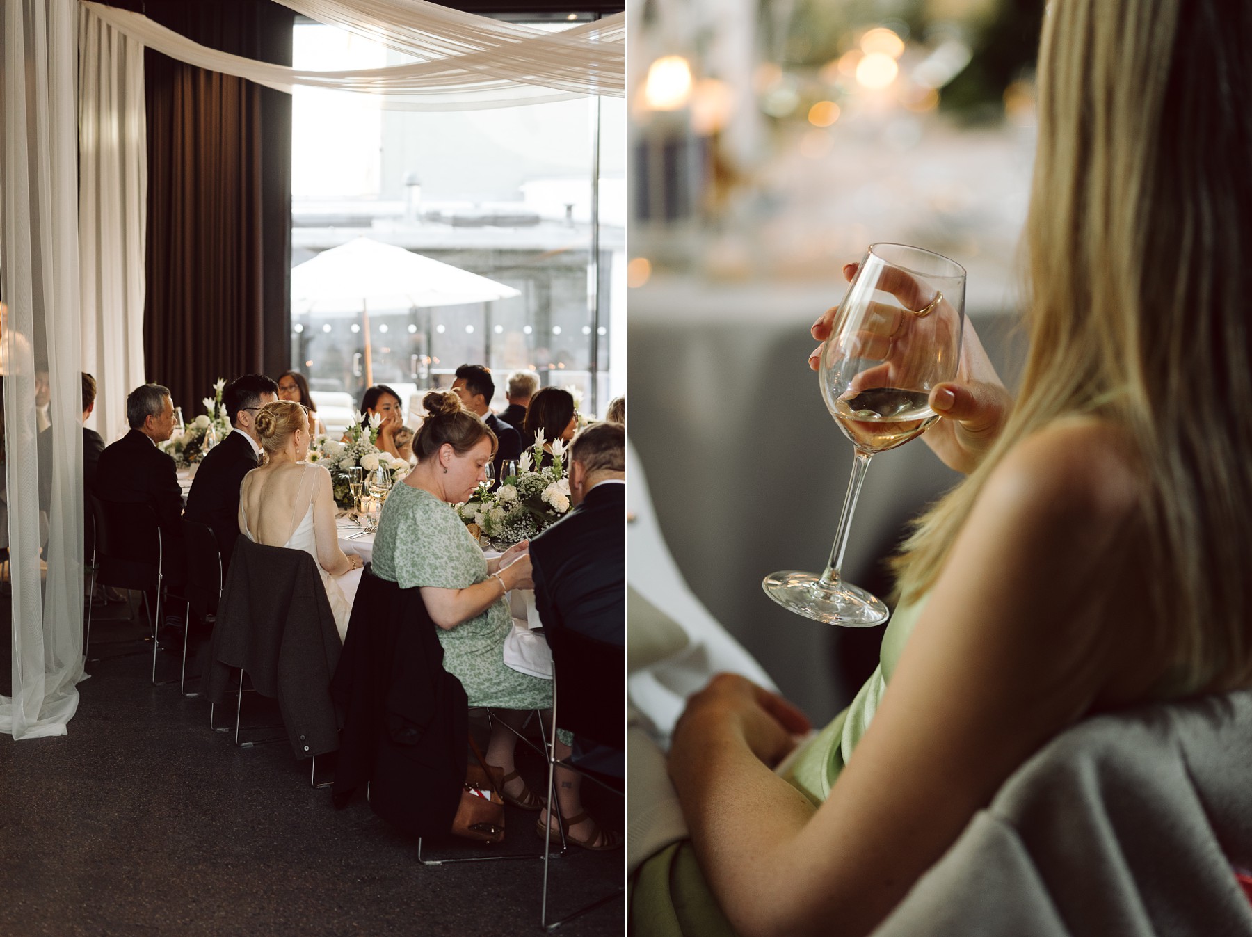 Wedding guests seated for dinner at Mogens Dahl Koncertsal reception