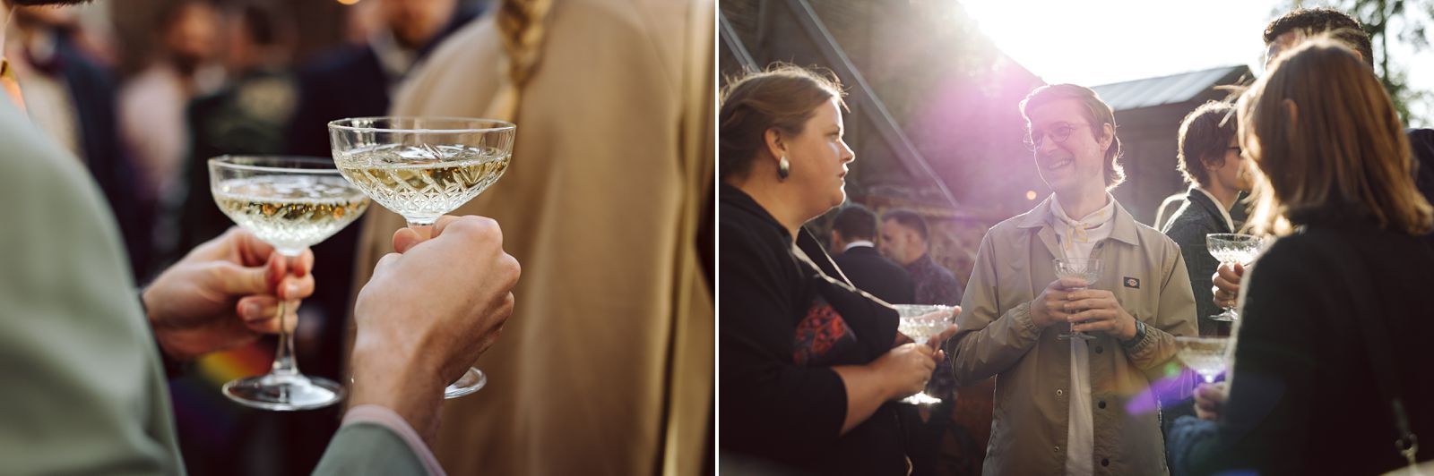 Friends celebrating and chatting during cocktail hour at a Reffen Copenhagen wedding
