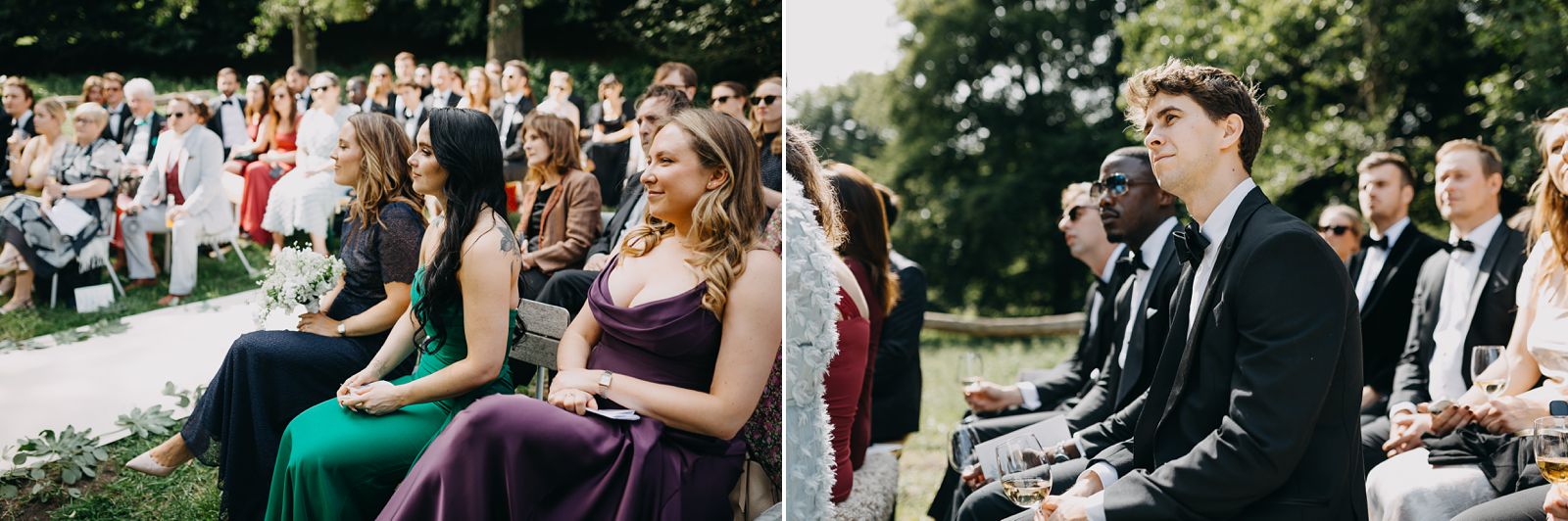 Guests watching the ceremony in a natural forest setting in Dyrehaven