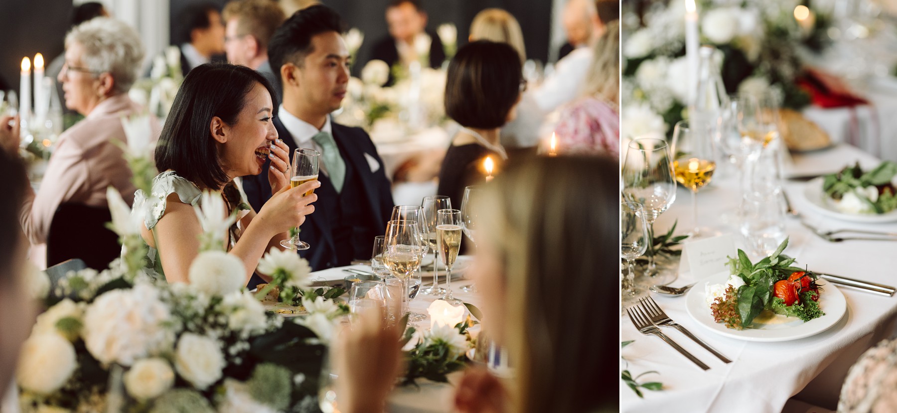 Wedding guests enjoying dinner at Mogens Dahl Koncertsal reception