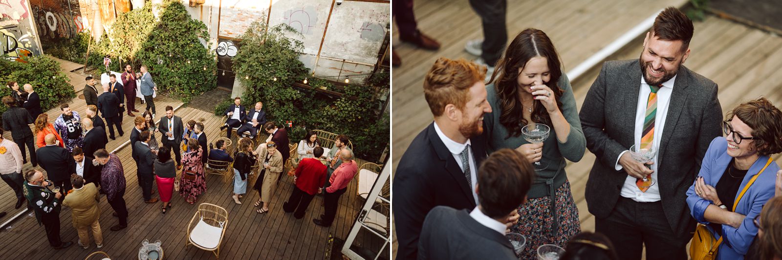 Wedding guests mingling with drinks after the ceremony at AFKROG Reffen in Copenhagen.