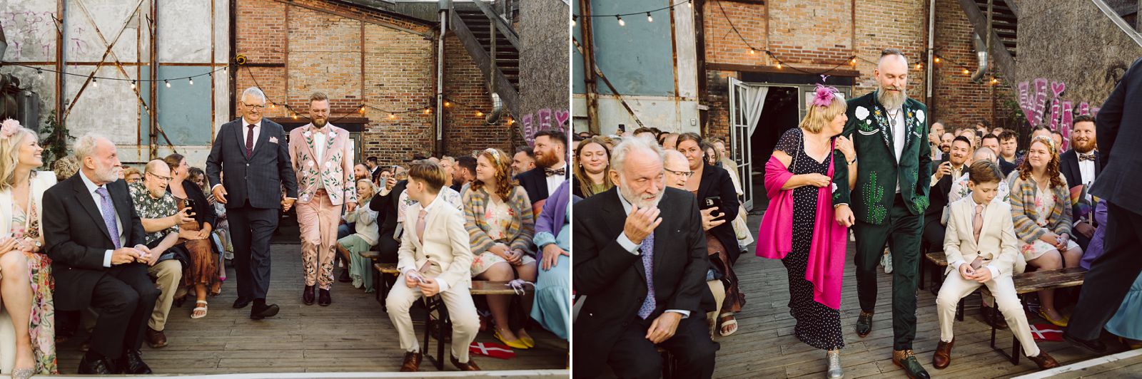 Outdoor civil wedding ceremony at AFKROG Reffen in Copenhagen with guests gathered for a summer celebration.