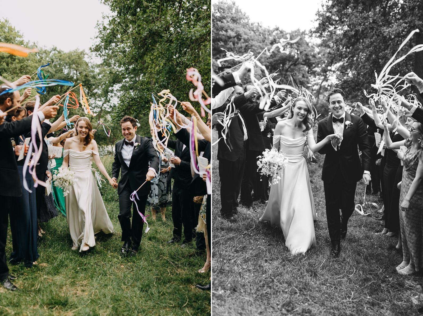 Guests celebrating the couple with colorful ribbon wands at Kilden i Skoven