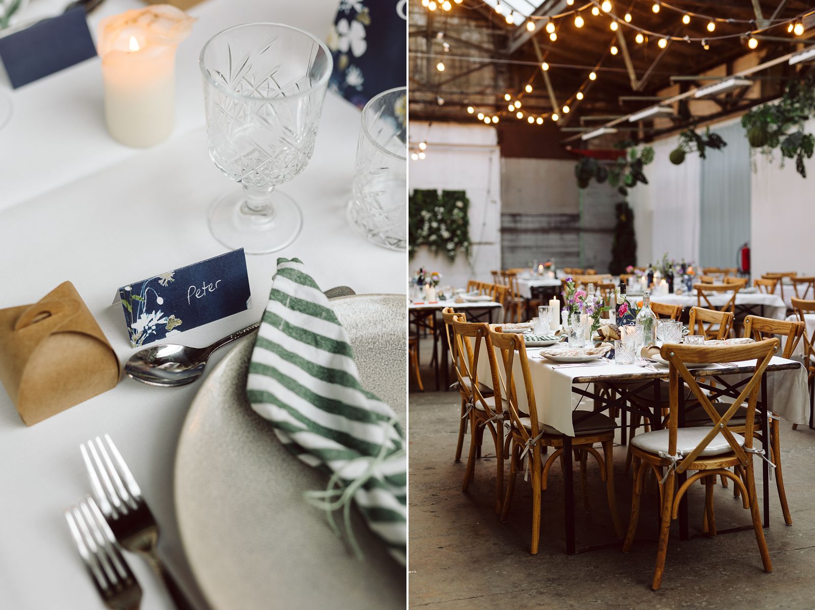 Reception table styling and wedding decor at AFKROG Reffen restaurant.