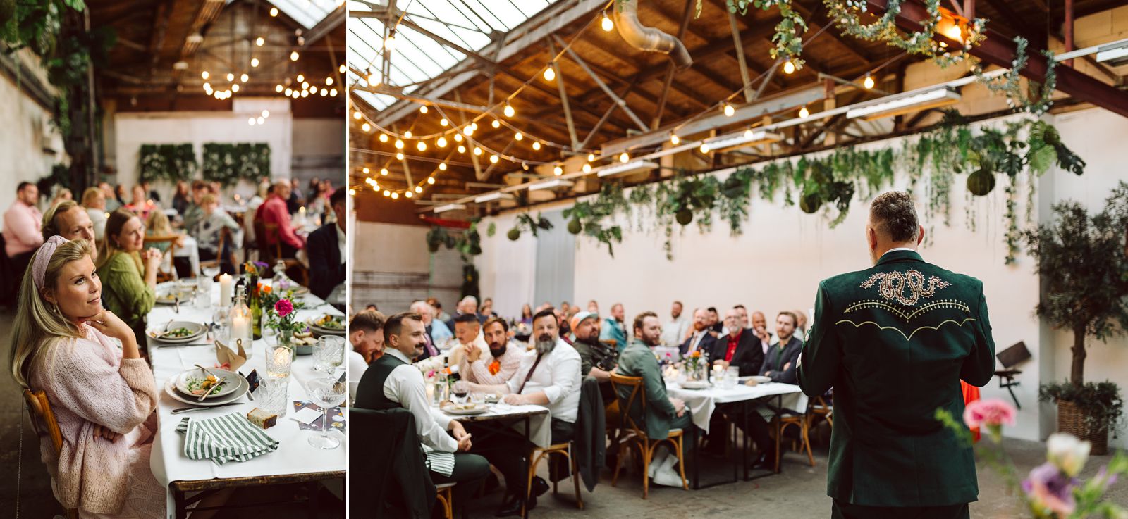 Guests enjoying dinner inside AFKROG Reffen during a summer wedding reception in Copenhagen
