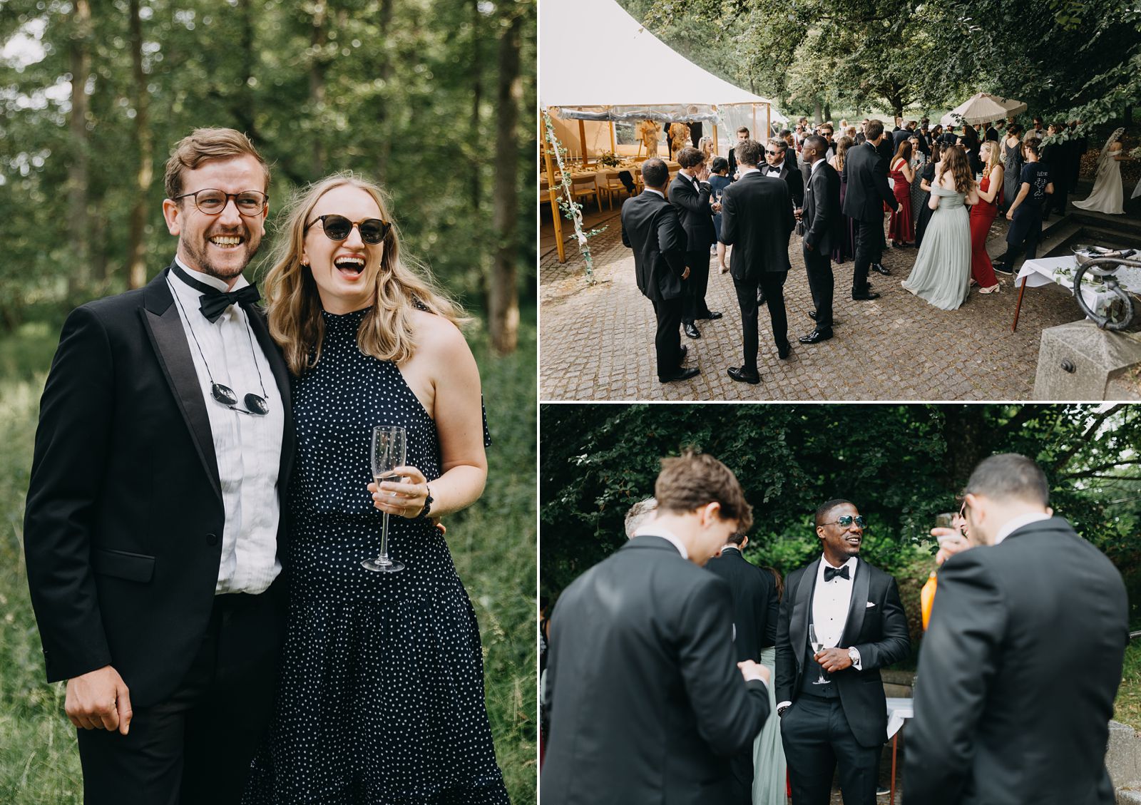 Wedding guests mingling and celebrating after the ceremony in Dyrehaven