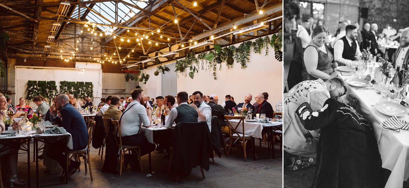 Guests enjoying dinner inside AFKROG Reffen during a summer wedding reception in Copenhagen