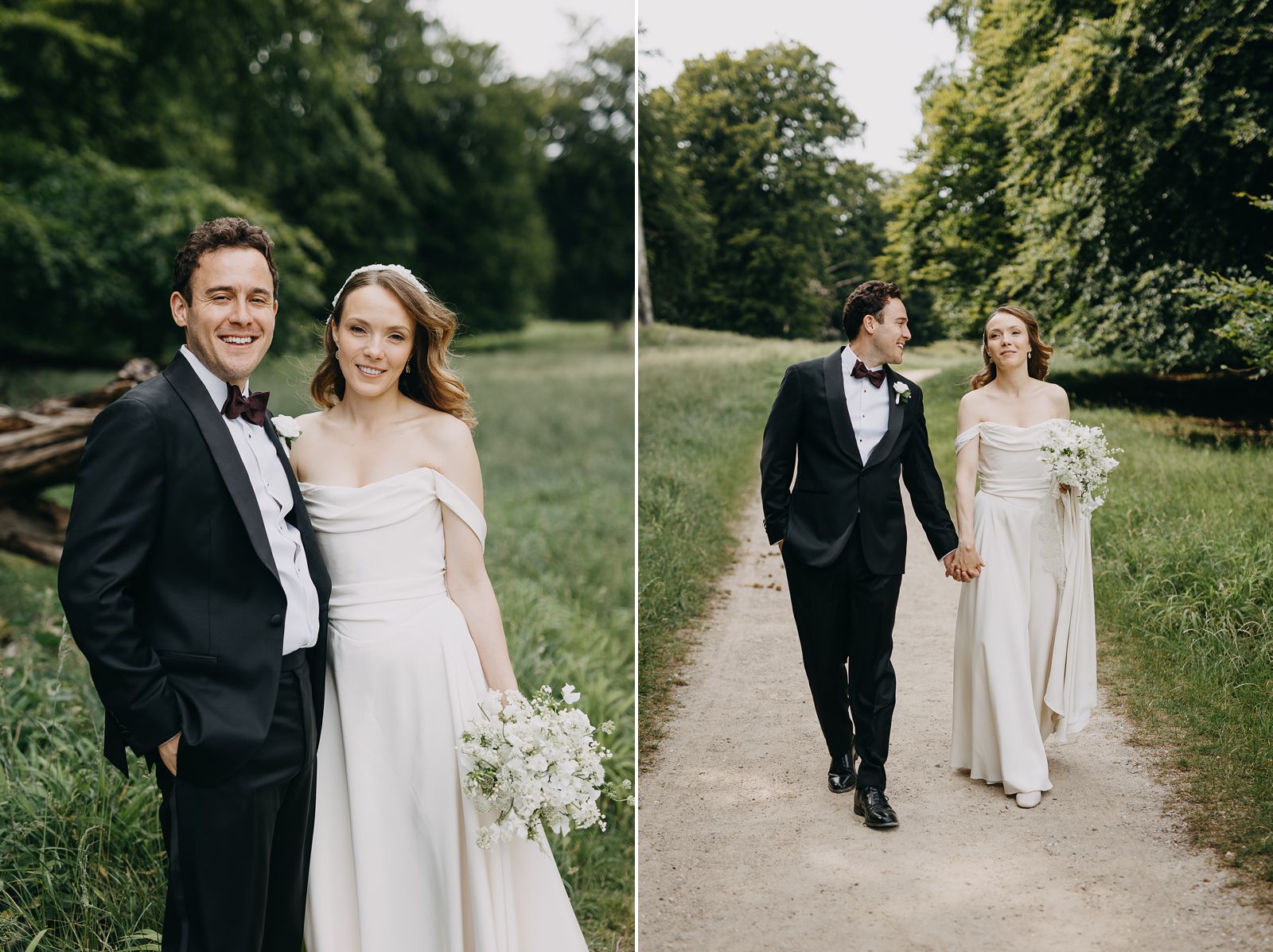 Bride and groom walking through nature after their ceremony in Denmark
