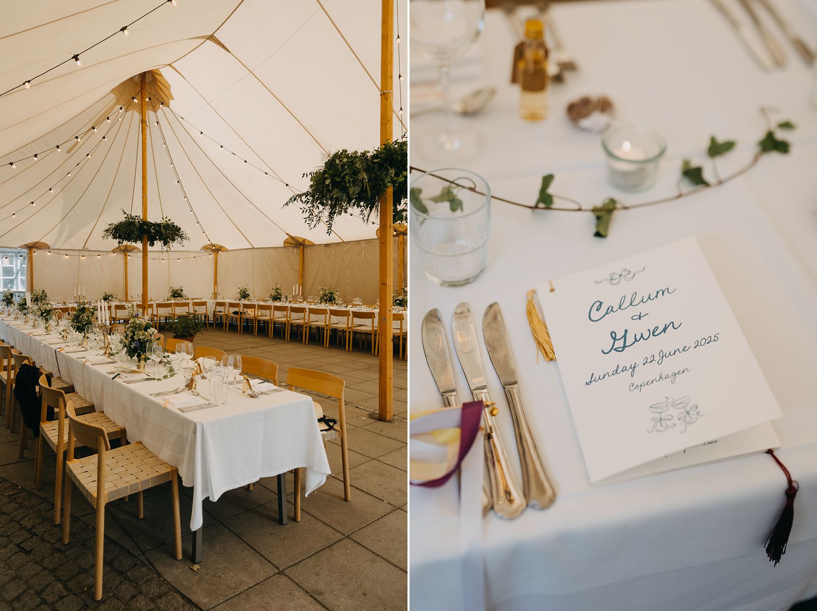 Long table decorated for an outdoor wedding dinner in Copenhagen