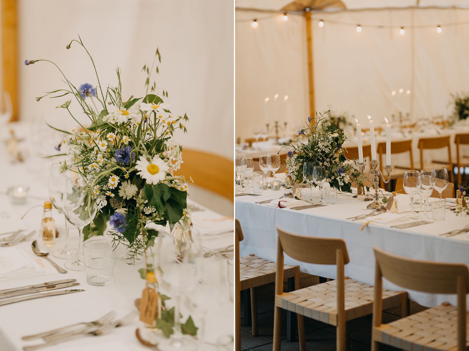 Forest wedding reception table setup in Dyrehaven, Copenhagen