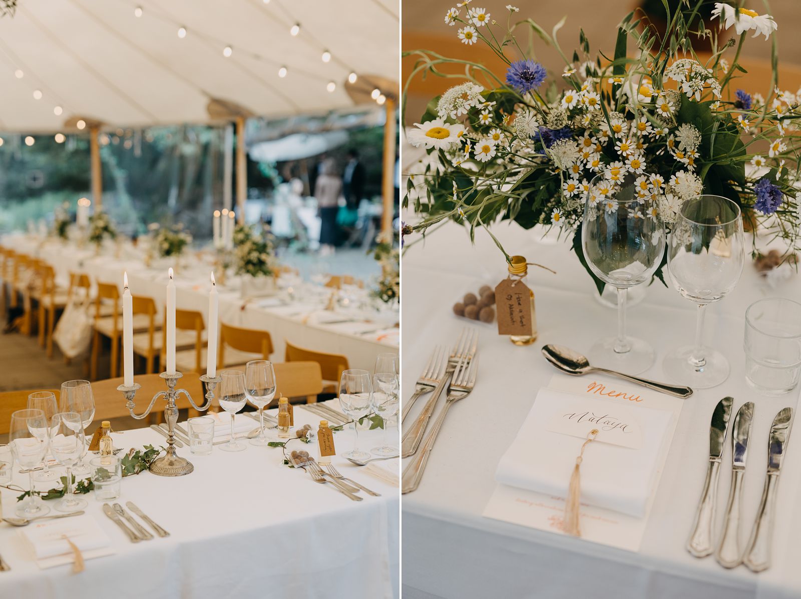Long table decorated for an outdoor wedding dinner in Copenhagen