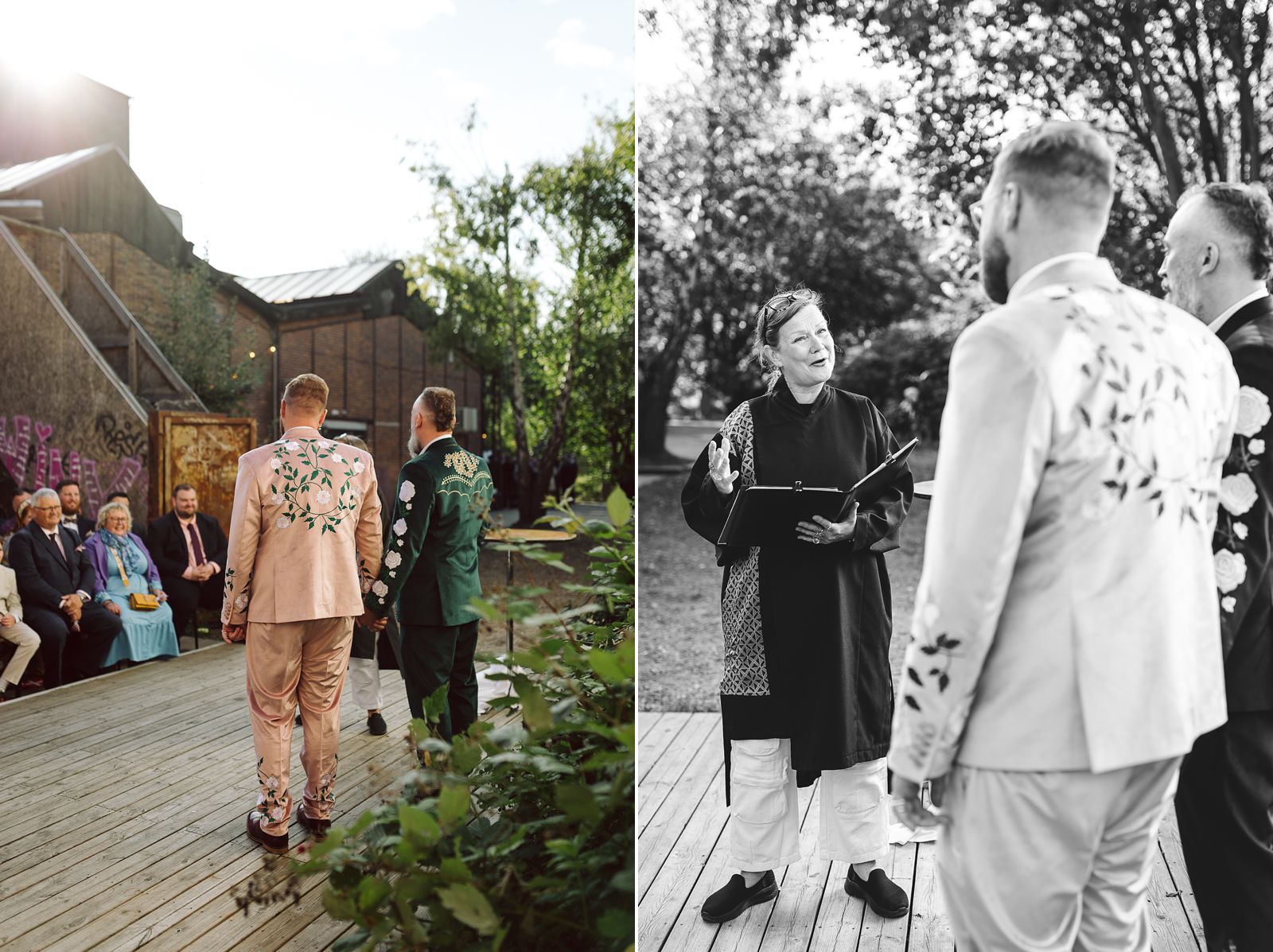 Civil wedding ceremony officiated outdoors at AFKROG Reffen during a Copenhagen summer wedding.